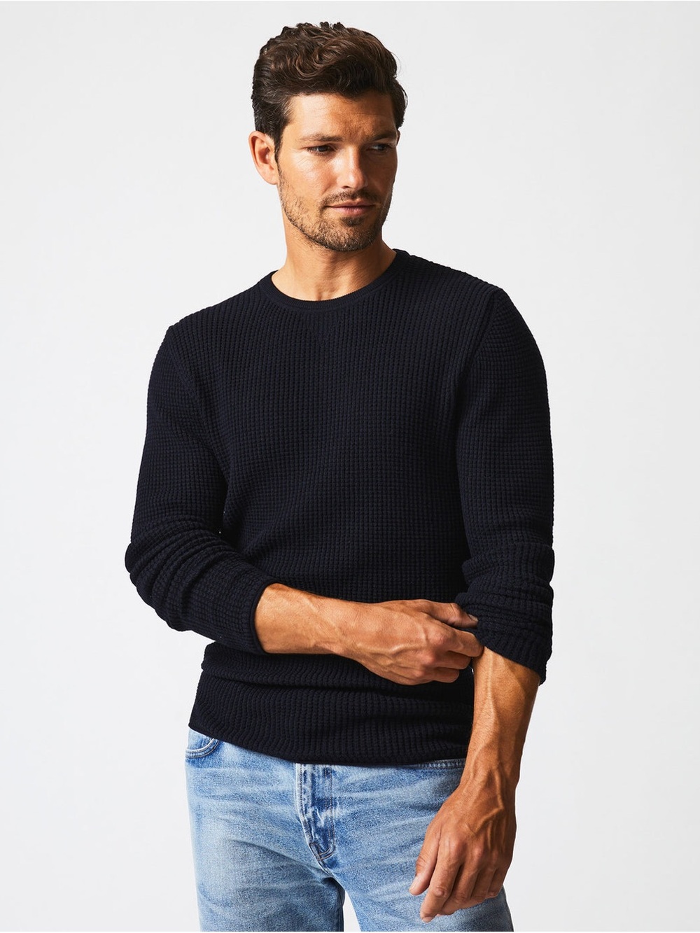 Billy Reid Mini Waffle Cotton Cashmere Crew Pullover Navy Medium